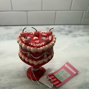 Valentine's Day Sweet Treats Heart Cake with Cherries Pink Red Pedestal 6" NEW